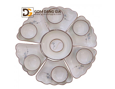 Set đồ ăn dáng mặt trời vẽ hoa đào xanh S2 Set đồ ăn dáng mặt trời vẽ hoa đào xanh S2